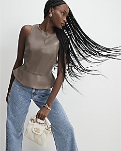 Beige Faux Leather Peplum Top