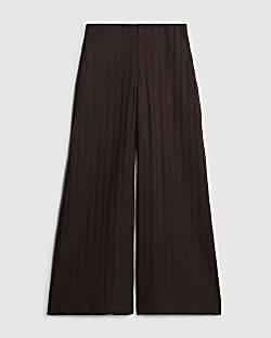 Petite Brown Cosy Wide Ribbed Trousers