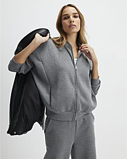 Grey Long Sleeve Zip Up Bomber Sweatshirt