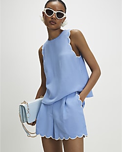 Blue Linen Blend Scallop Trim Shorts