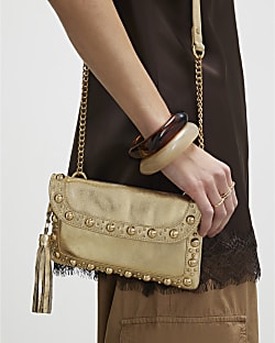 Gold Leather Studded Tassel Cross Body Bag