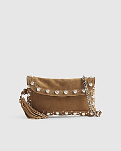 Brown Suede Studded Tassel Cross Body Bag