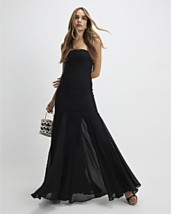 Black Bodycon Godet Skirt Maxi Dress