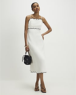 White Linen Blend Scallop Trim Midi Dress