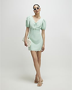 Green Linen Blend Scallop Trim Mini Dress