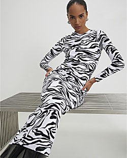 Black Zebra Print Ribbed Midi Dress