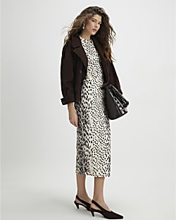Cream Leopard Print Ribbed Midi Dress