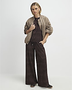 Petite Brown Premium Crinkle Wide Leg Joggers