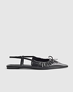 Black Ruched Bow Sling Back Flat Shoes