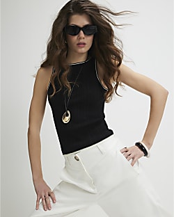 Black Ribbed Tipped Knitted Vest Top