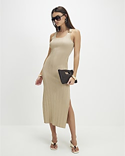 Gold Rib Knit Buckle Midi Dress