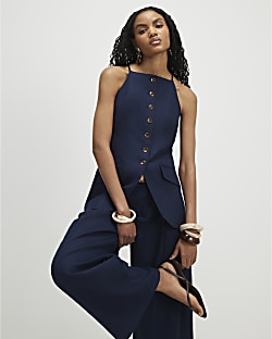 Navy Linen Blend Longline Waistcoat