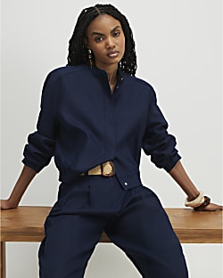 Navy Linen Blend Tailored Bomber Jacket