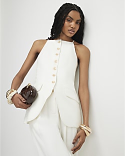 White Linen Blend Longline Waistcoat