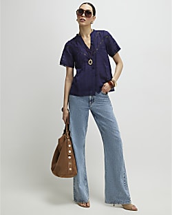 Navy Short Sleeve Lace Button Through Blouse