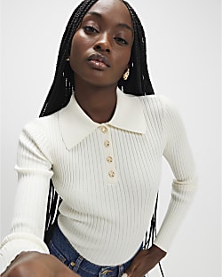 Cream Knitted Long Sleeve Polo Top