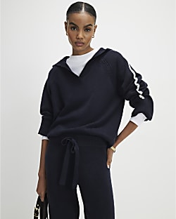 Navy Tipped Hooded Jumper