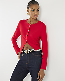 Red Long Sleeve Cropped Heart Cardigan