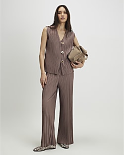 Beige Plisse Wide Leg Trousers