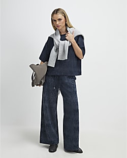 Petite Navy Premium Crinkle Wide Leg Joggers