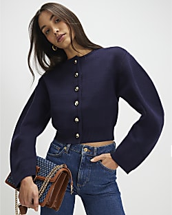 Navy Knitted Structured Sleeve Cardigan