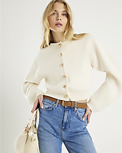 Cream Knitted Structured Sleeve Cardigan