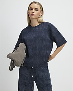 Petite Navy Premium Crinkle Boxy T-Shirt