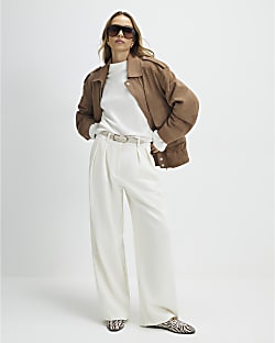 Cream Belted Wide Leg Trousers