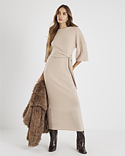 Beige Short Sleeve Wide Ribbed Cosy Dress
