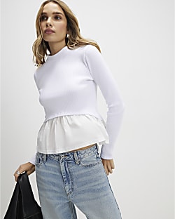 White Long Sleeve Poplin Hem Top