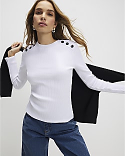 White Button Shoulder Rib Top