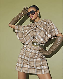 Beige Checked Cape Detail Mini Dress