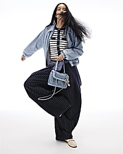 Navy Stripe Deep Pleated Wide Leg Trousers