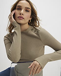 Khaki Button Shoulder Rib Top