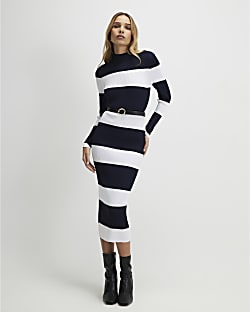 Navy Belted Stripe Midi Dress