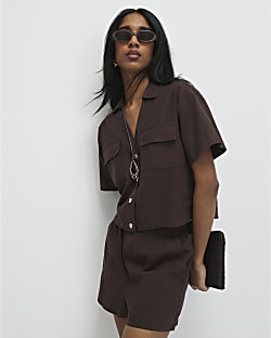 Brown Linen Blend Boxy Shirt