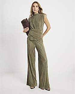 Green Plisse Wide Leg Trousers