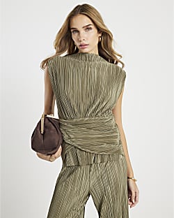 Green Plisse Sleeveless Wrap Top