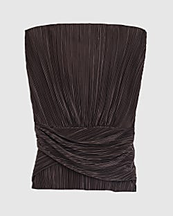 Petite Brown Plisse Wrap Top