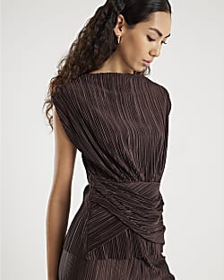 Brown Plisse Sleeveless Wrap Top
