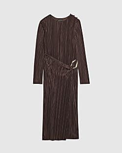 Petite Brown Plisse Buckle Detail Midi Dress