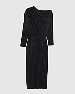 Petite Black Plisse Asymmetric Midi Dress