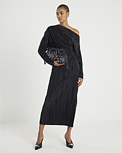 Black Plisse Long Sleeve Midi Dress