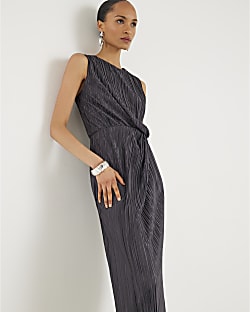 Grey Plisse Knot Side Midi Dress
