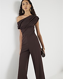 Brown Short Sleeve Asymmetric Drape Jumpsuit