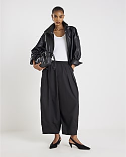 Black Poplin Barrel Leg Trousers