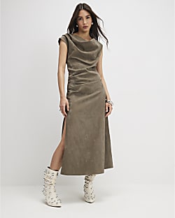 Khaki Hammered Effect Cowl Neck Midi Dress