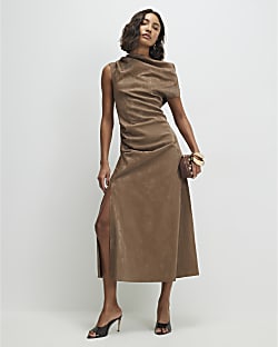 Brown Hammered Faux Leather Cowl Neck Dress