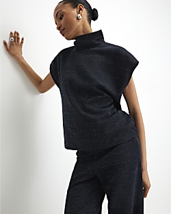 Navy High Neck Glitter Top