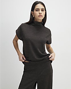 Brown High Neck Glitter Top